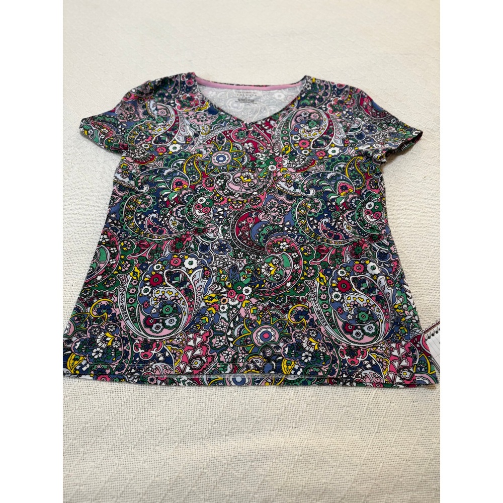 Talbots Shirt Womens XL Black Pink Paisley Print 3/4 Sleeve Cotton Tee Stretch